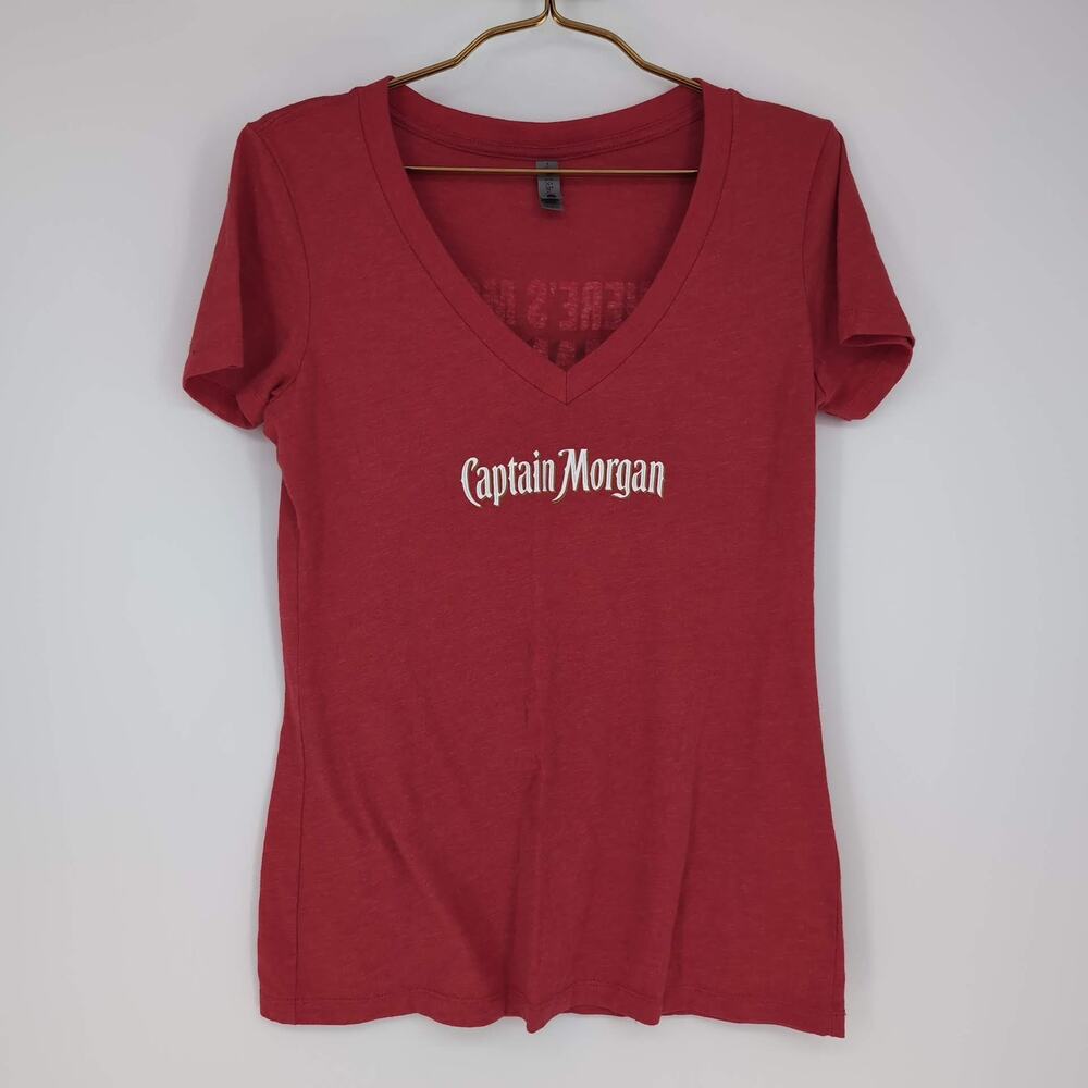 Captain Morgan Red Women's Two Faced V-Neck Graphic T-Shirt Tee - Size L - VGUC